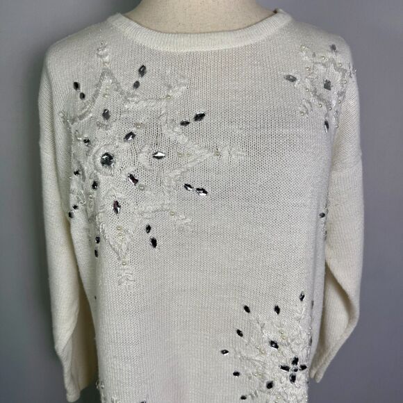 Women's White/Ivory Beaded Snowflake Sweater Holiday Embellished Crew Pullover - Picture 3 of 12